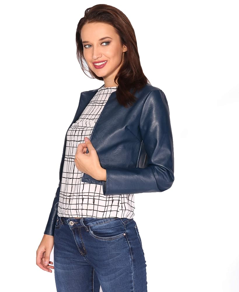 PU Cropped Open Style Jacket, Navy (4432), Small, 4432-NVY-S